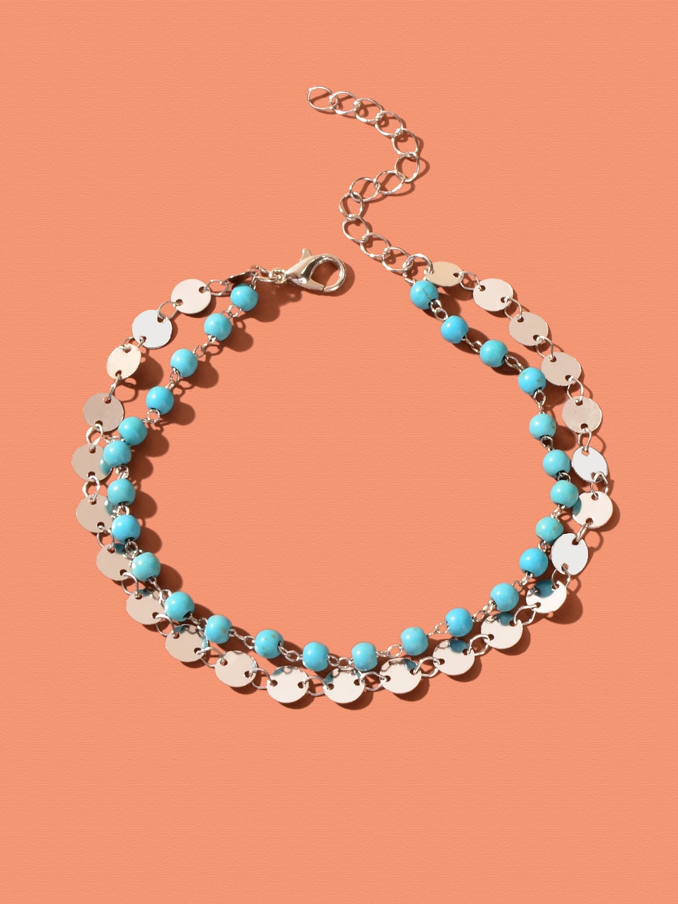 Ethnic Style Gold Silver Disc Chain Turquoise Beads Layered Anklet Foot Jewelry