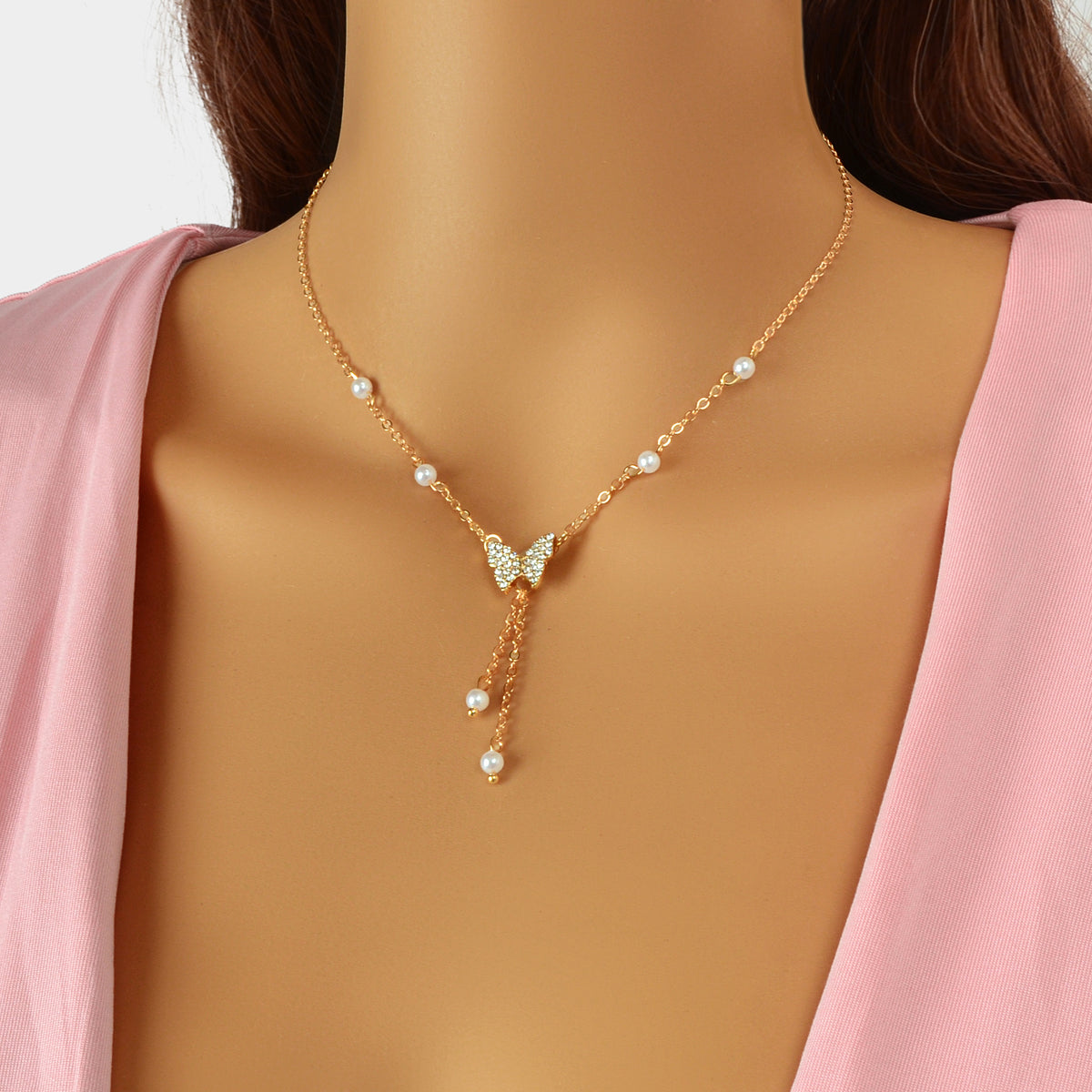 Sparkling Butterfly Pendant Y-Drop Necklace Tassel Clavicle Collar Women Jewelry