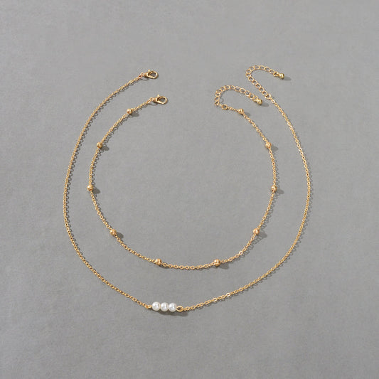 2pcs Female Jewellery Gold Silver Chain Beads Pearl Necklace Fashion Accessories