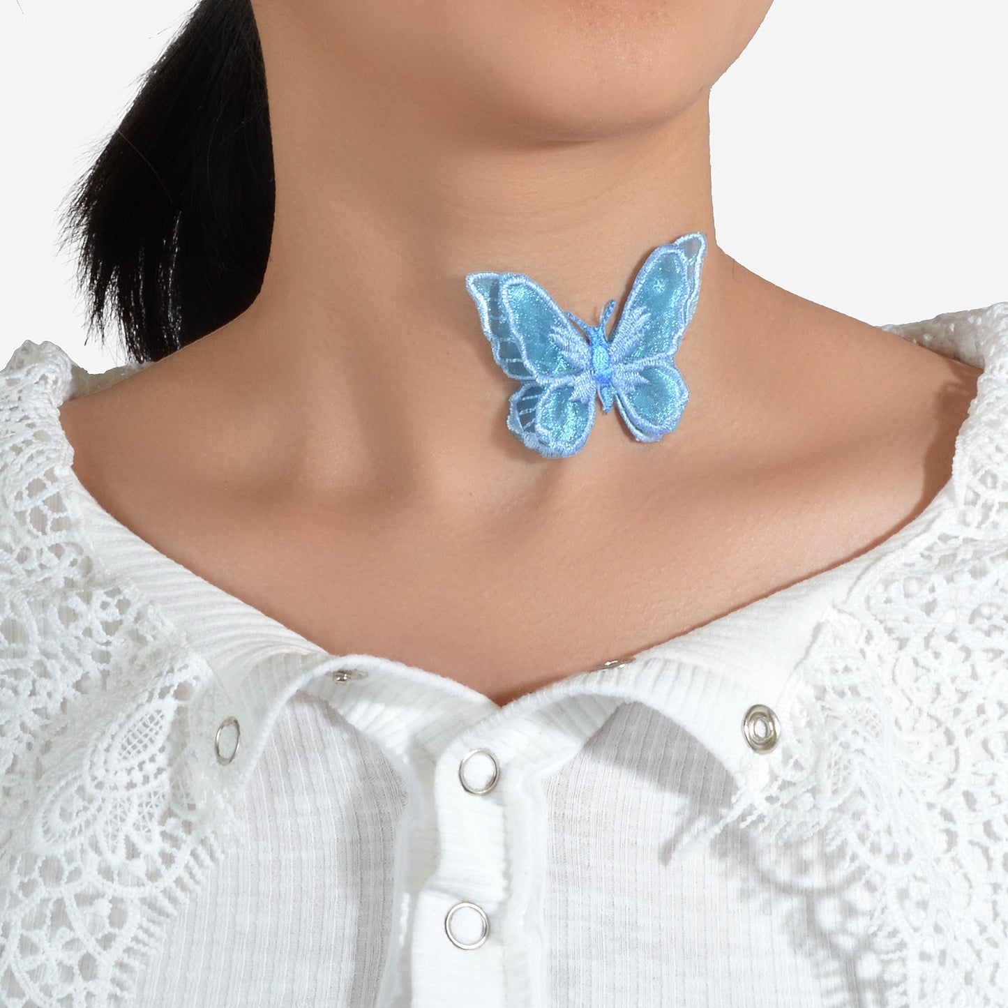 Cosplay 90s Transparent Rope Blue Embroidery Butterfly Short Choker Necklace