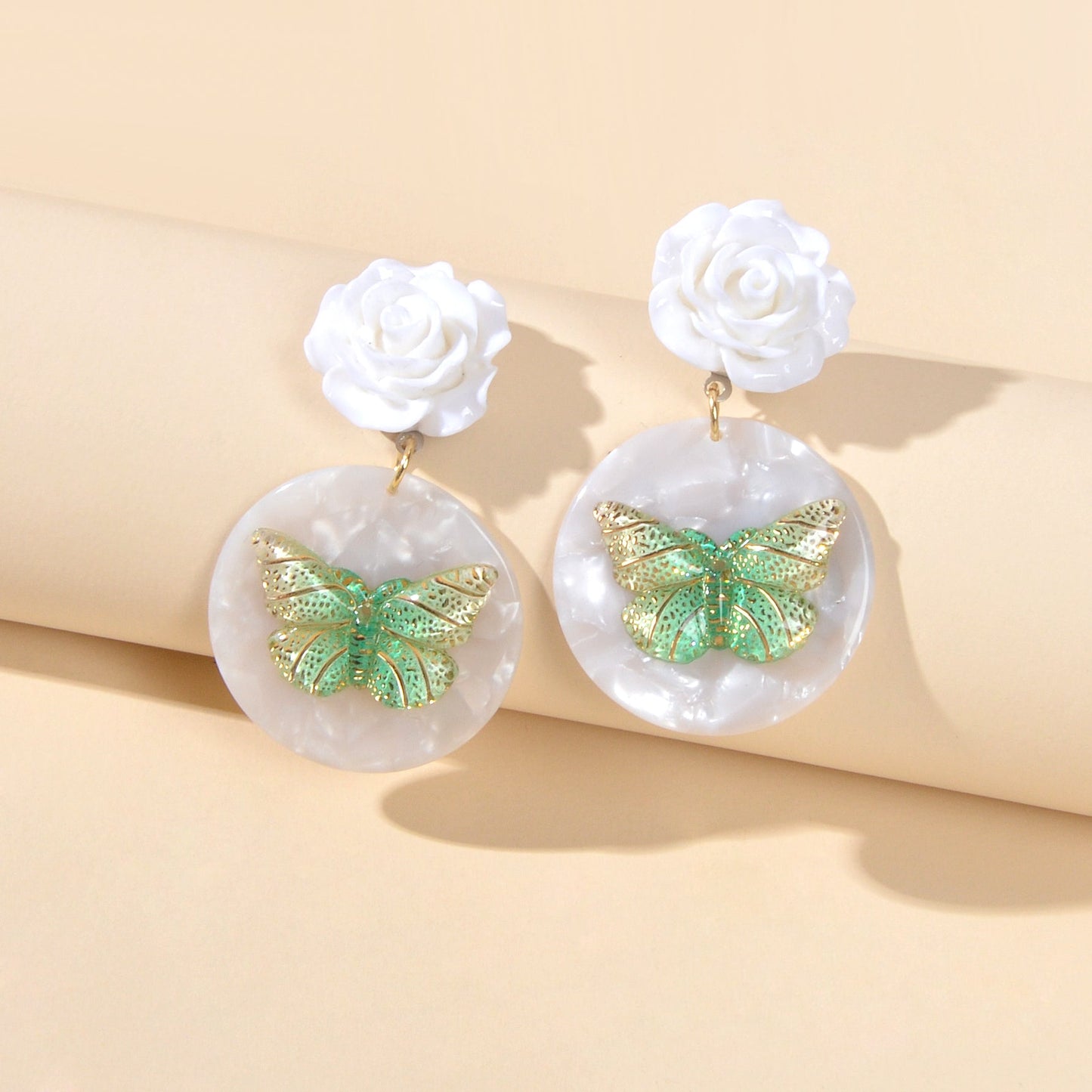 Designer Stylish Jewellery White Flower Green Butterfly Dangle Chunky Earrings