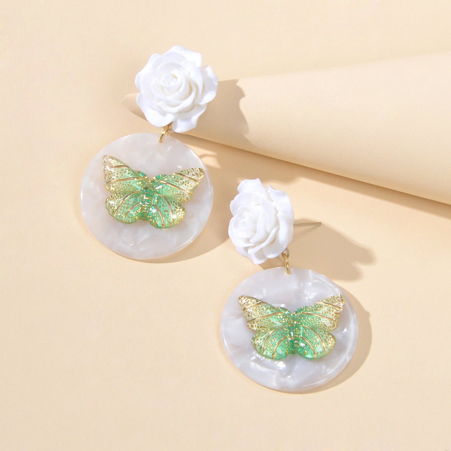 Designer Stylish Jewellery White Flower Green Butterfly Dangle Chunky Earrings