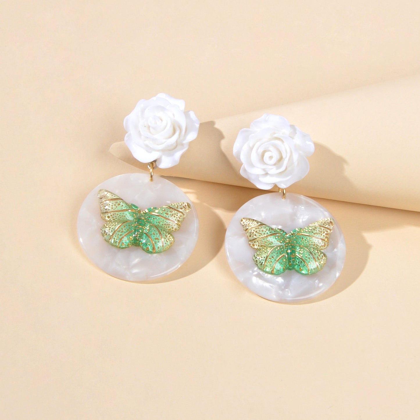 Designer Stylish Jewellery White Flower Green Butterfly Dangle Chunky Earrings