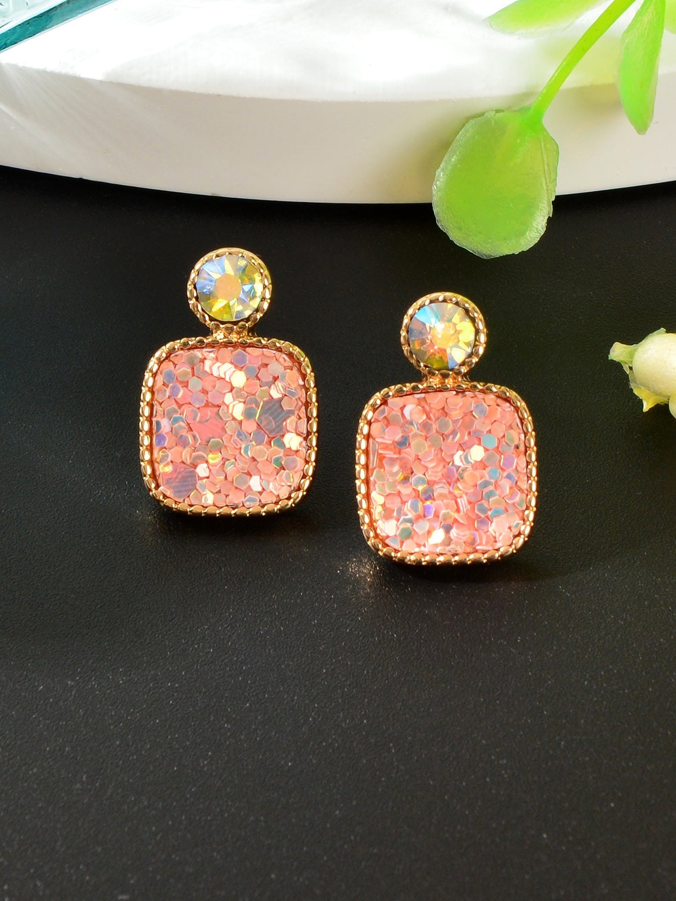 Colorful Square Glitter Sparkle Stud Earrings - Trendy Fashion Jewelry Accessory