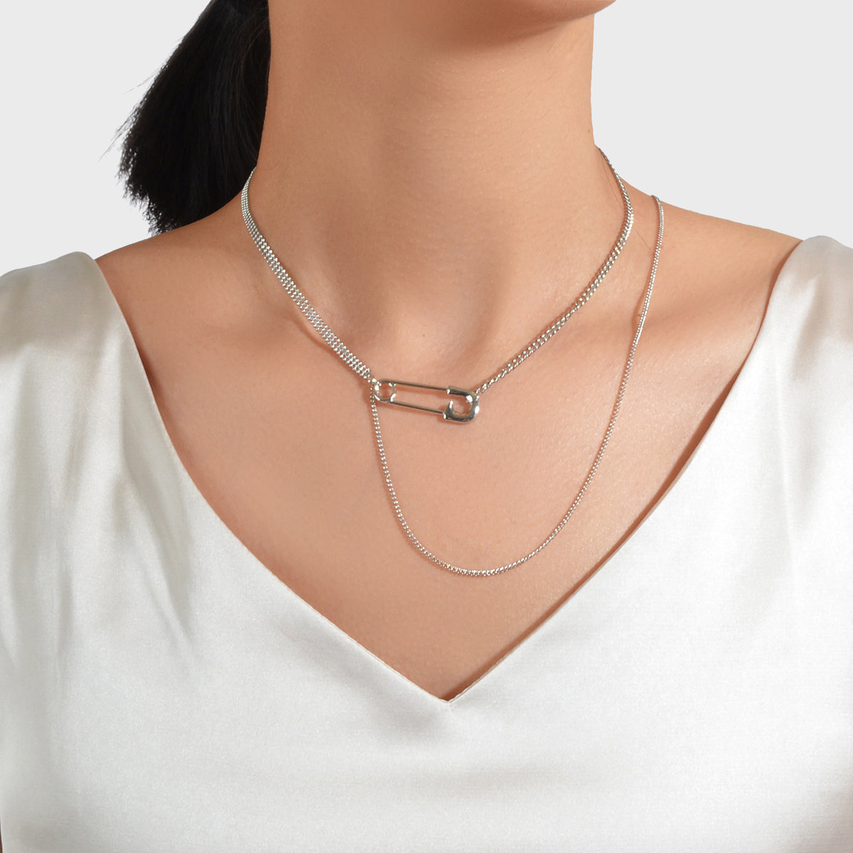 Designer Stylish Accessory Multiple Multi-layer Silver Chain Pin Charm Necklace