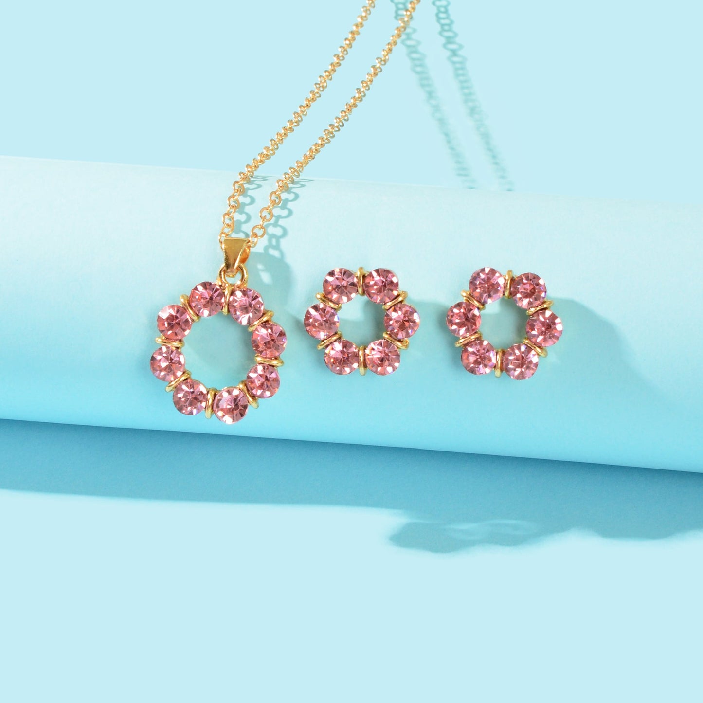 Multicolour Rainbow Round Charm Necklace Stud Earrings Girls Dainty Jewelry Set