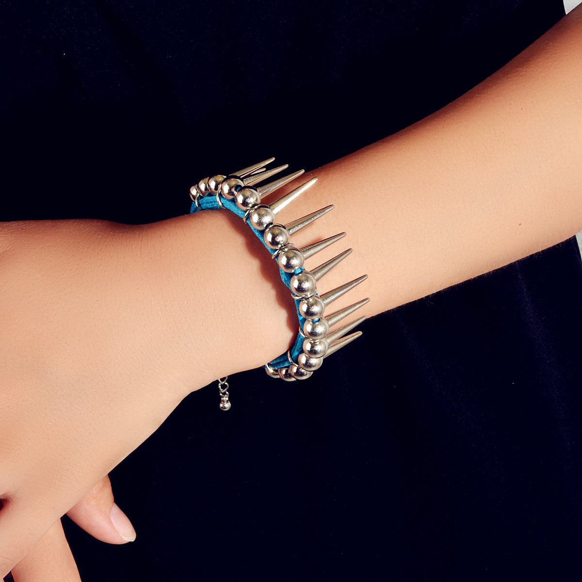 Grunge Punk Rock Jewelry Blue Pu Leather Multi-layer Chain Silver Spike Bracelet