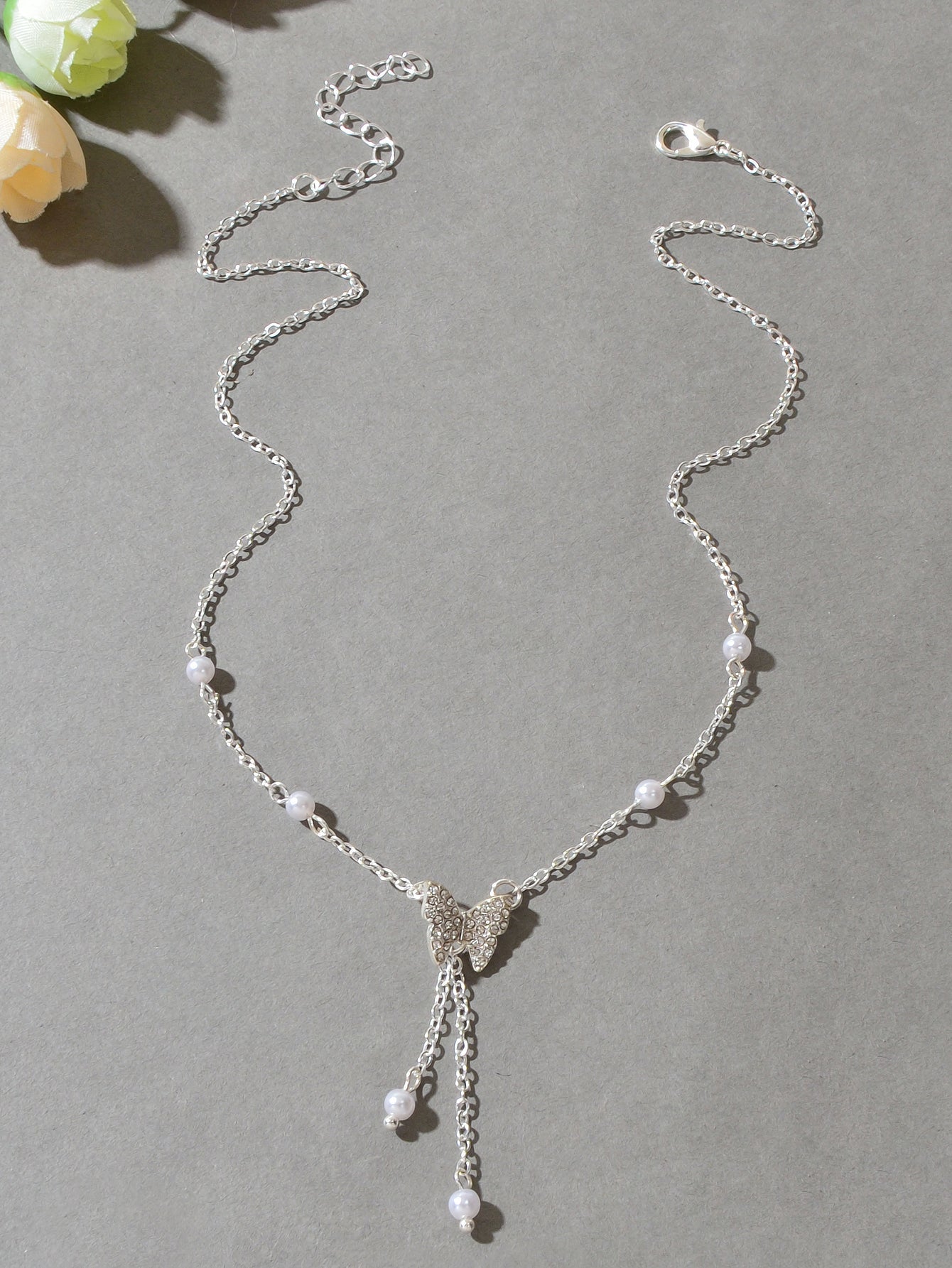 Sparkling Butterfly Pendant Y-Drop Necklace Tassel Clavicle Collar Women Jewelry