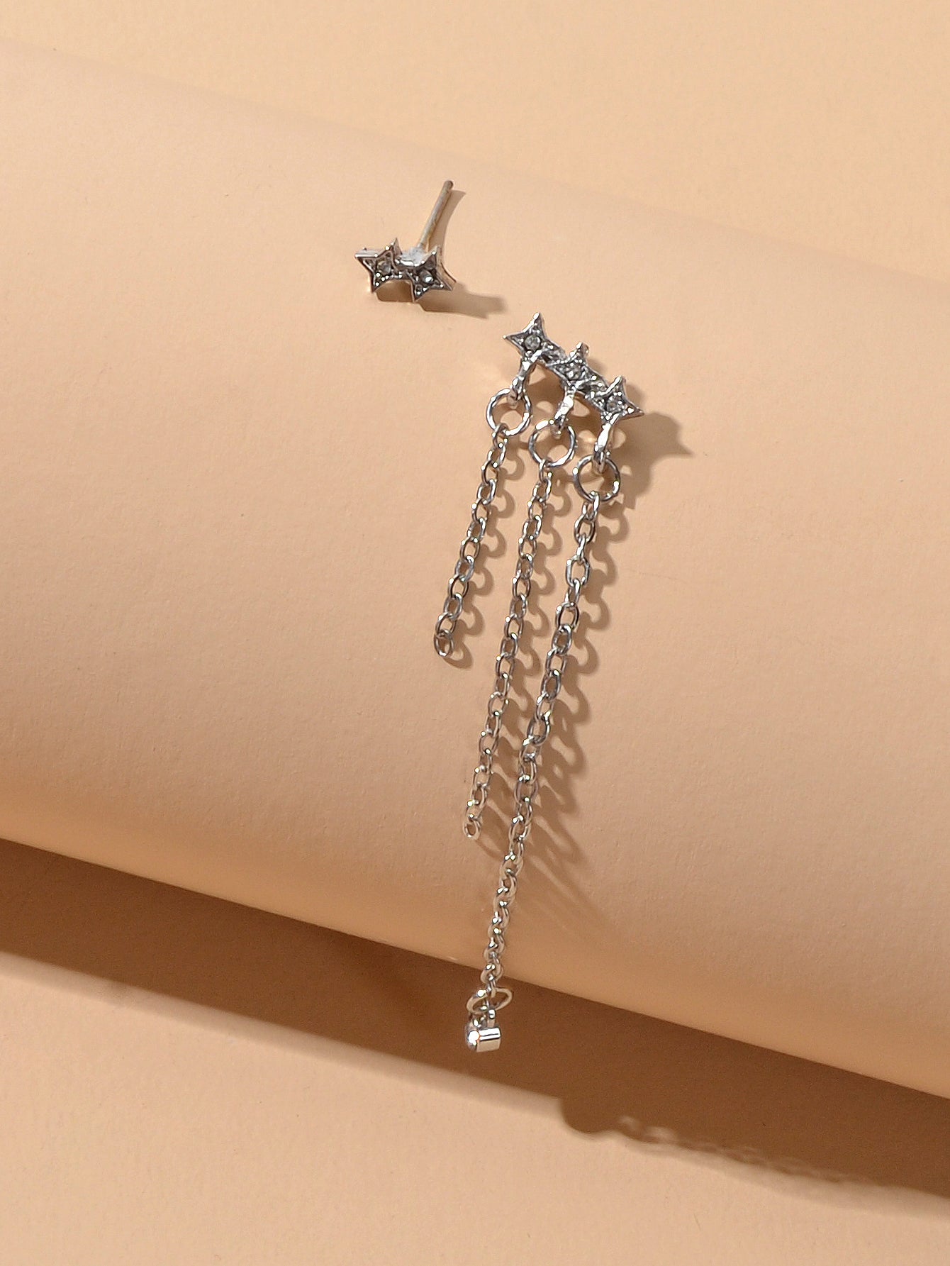 Designer Jewellery Rhinestone Star Silver Chain Tassel Asymmetric Stud Earrings