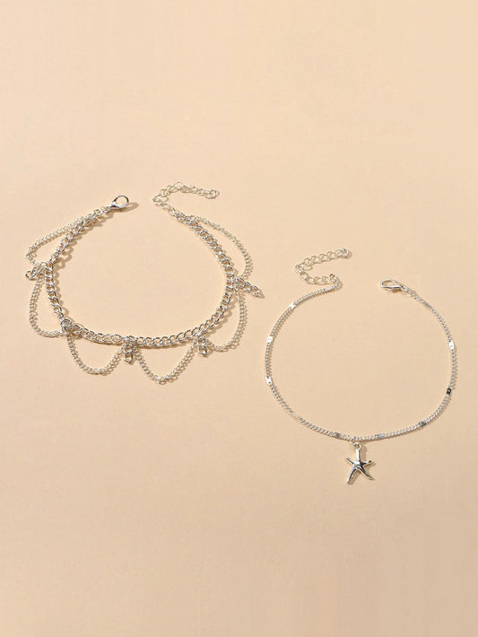 2pcs Fashion Foot Beach Jewellery Silver Chain Tassel Starfish Charm Anklet Gift