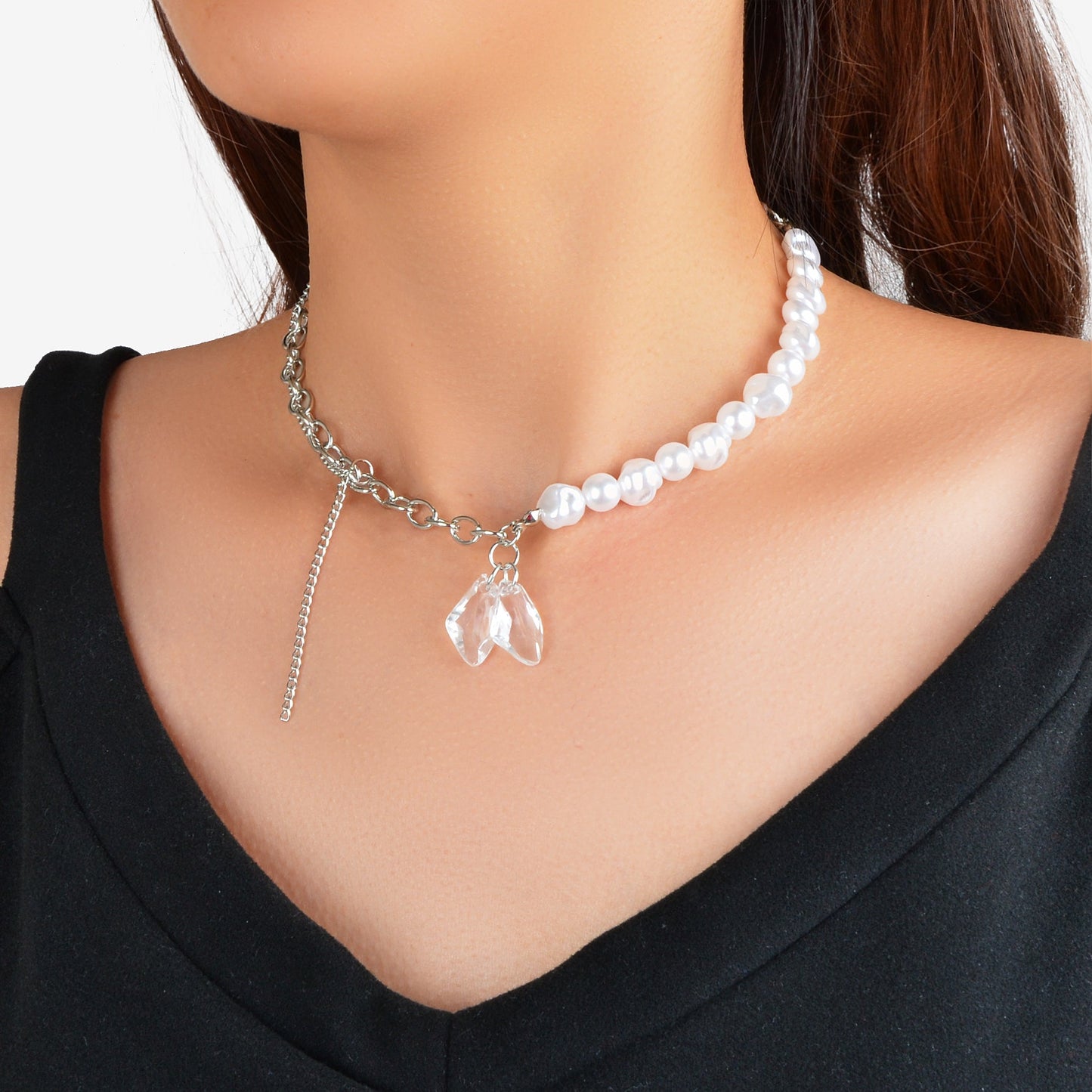Retro Punk Chain Pearl Transparent Resin Geometric Charm Statement Necklace Gift