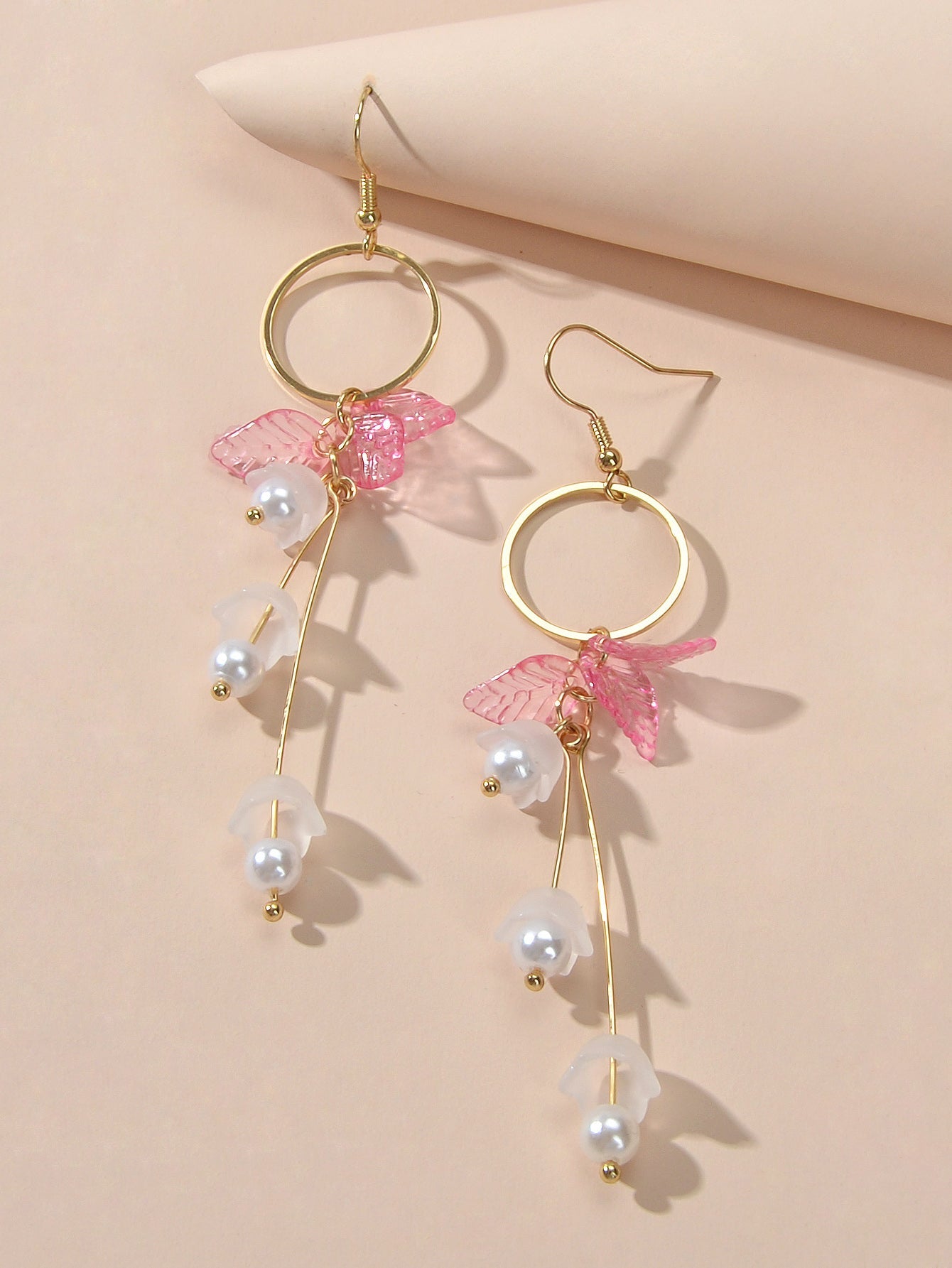 Charming Pearl Green Hotpink Resin Leaf Charm Gold Circle Dangle Women Earrings