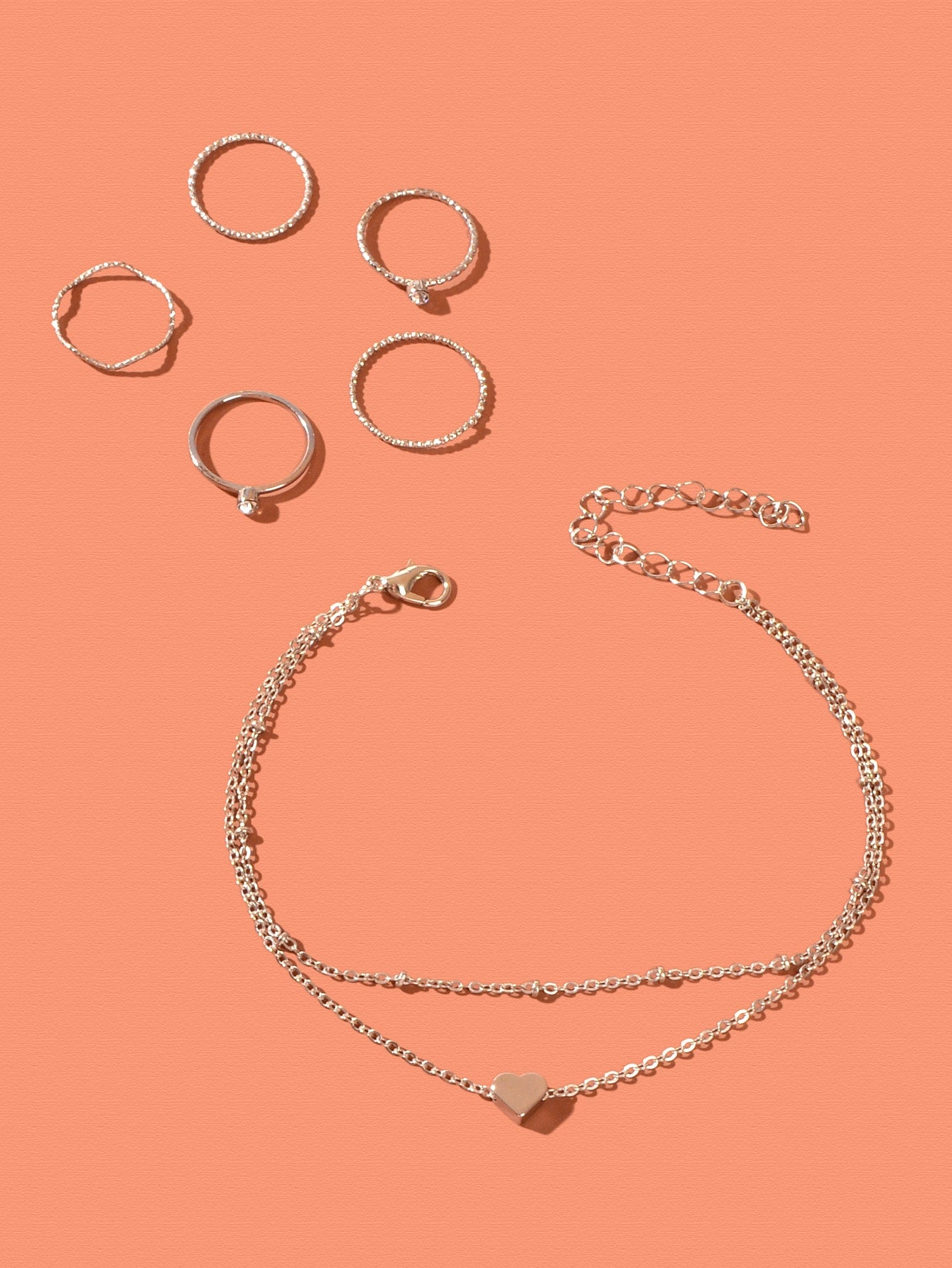 Silver Chain Anklet and Multiple Rings Set - Stylish Accessories Combo Jewellery