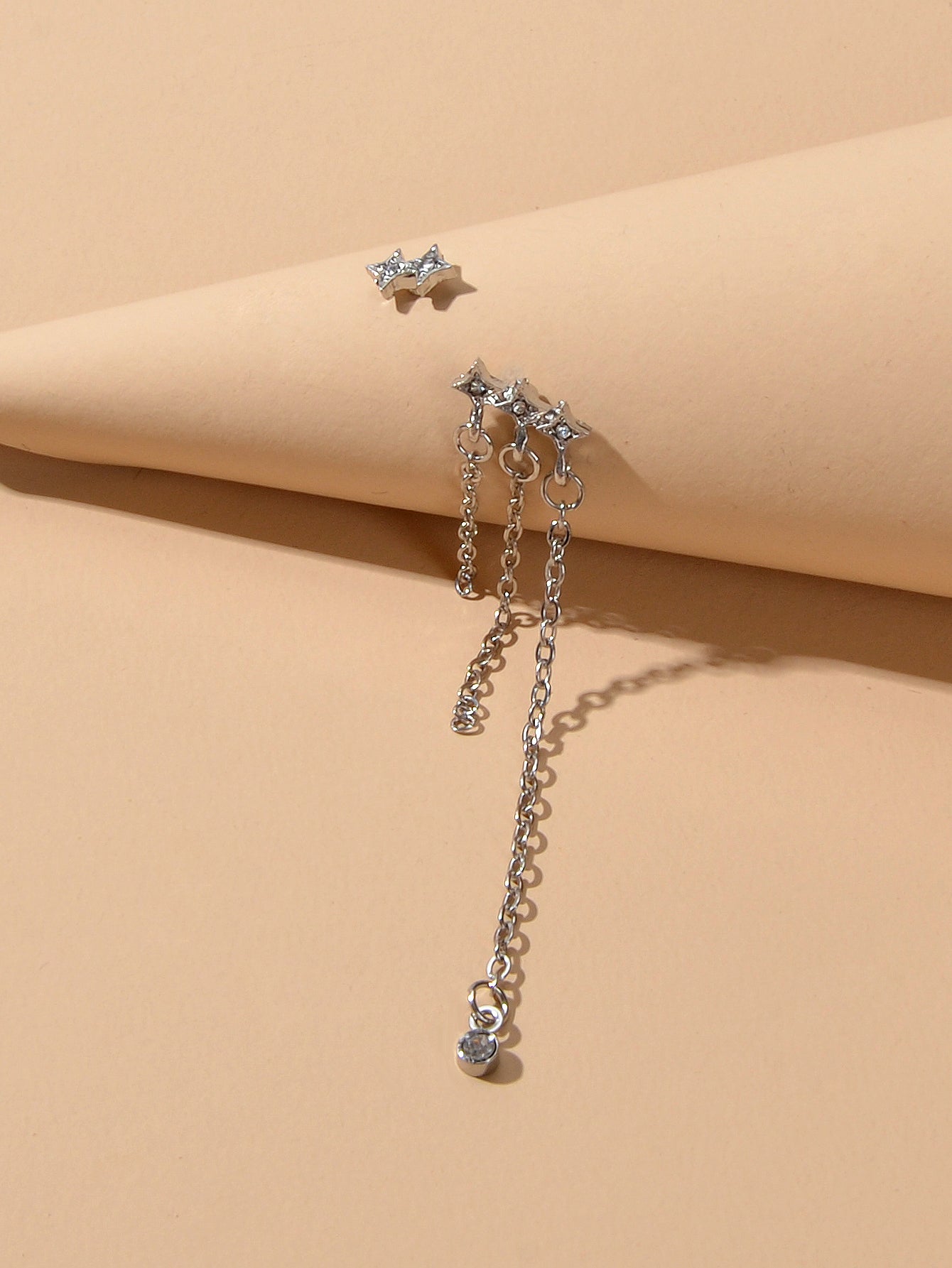 Designer Jewellery Rhinestone Star Silver Chain Tassel Asymmetric Stud Earrings