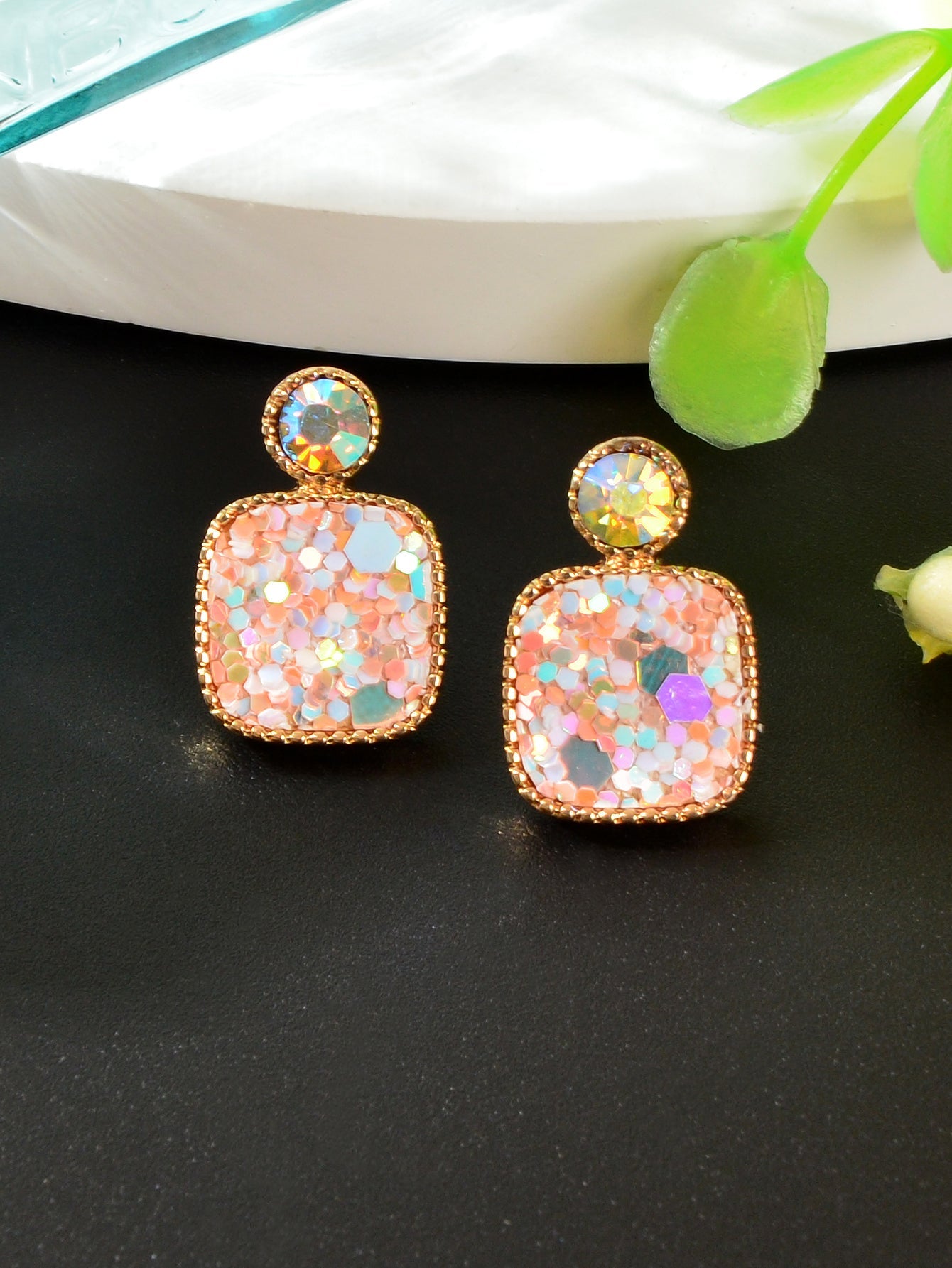 Colorful Square Glitter Sparkle Stud Earrings - Trendy Fashion Jewelry Accessory