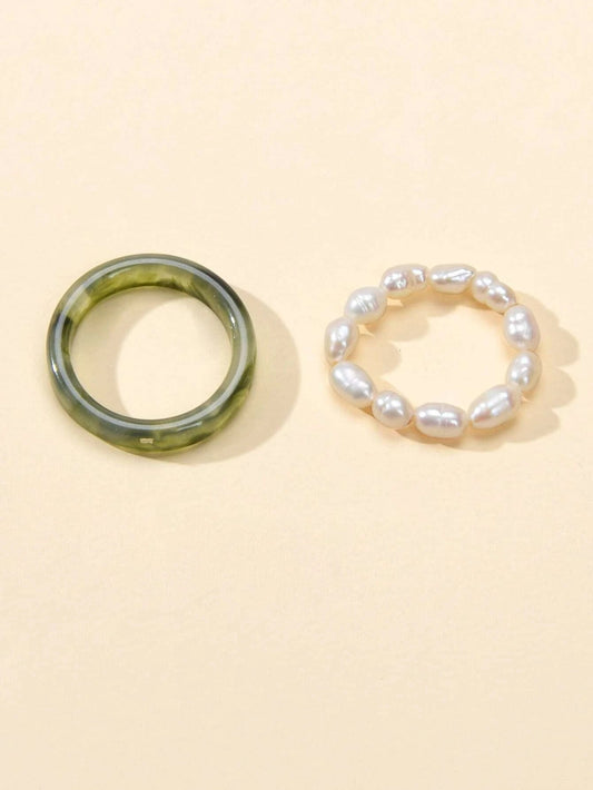 2pcs Pearl Elastic Retro Green Red Acrylic Ring