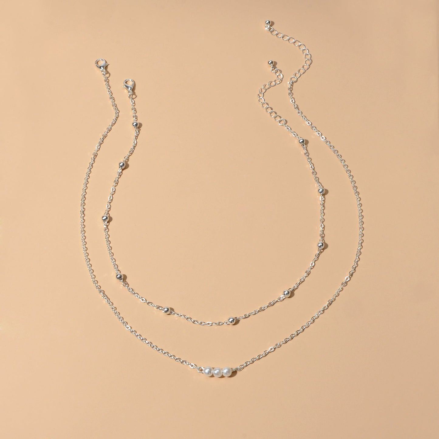 2pcs Female Jewellery Gold Silver Chain Beads Pearl Necklace Fashion Accessories