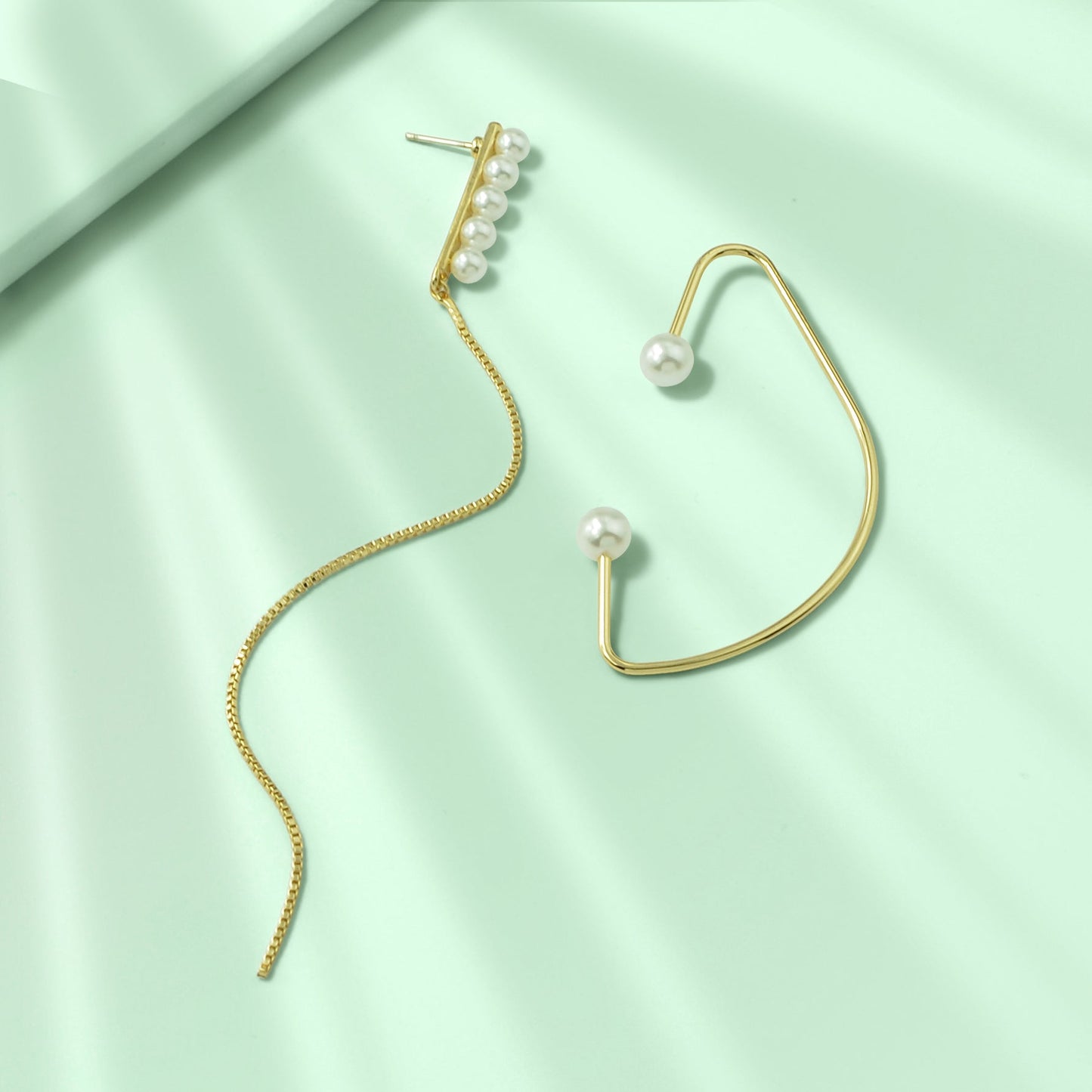 Designer Stylish Pearl Decor Long Gold Chain Charm Asymmetric Earrings Ear Cuff