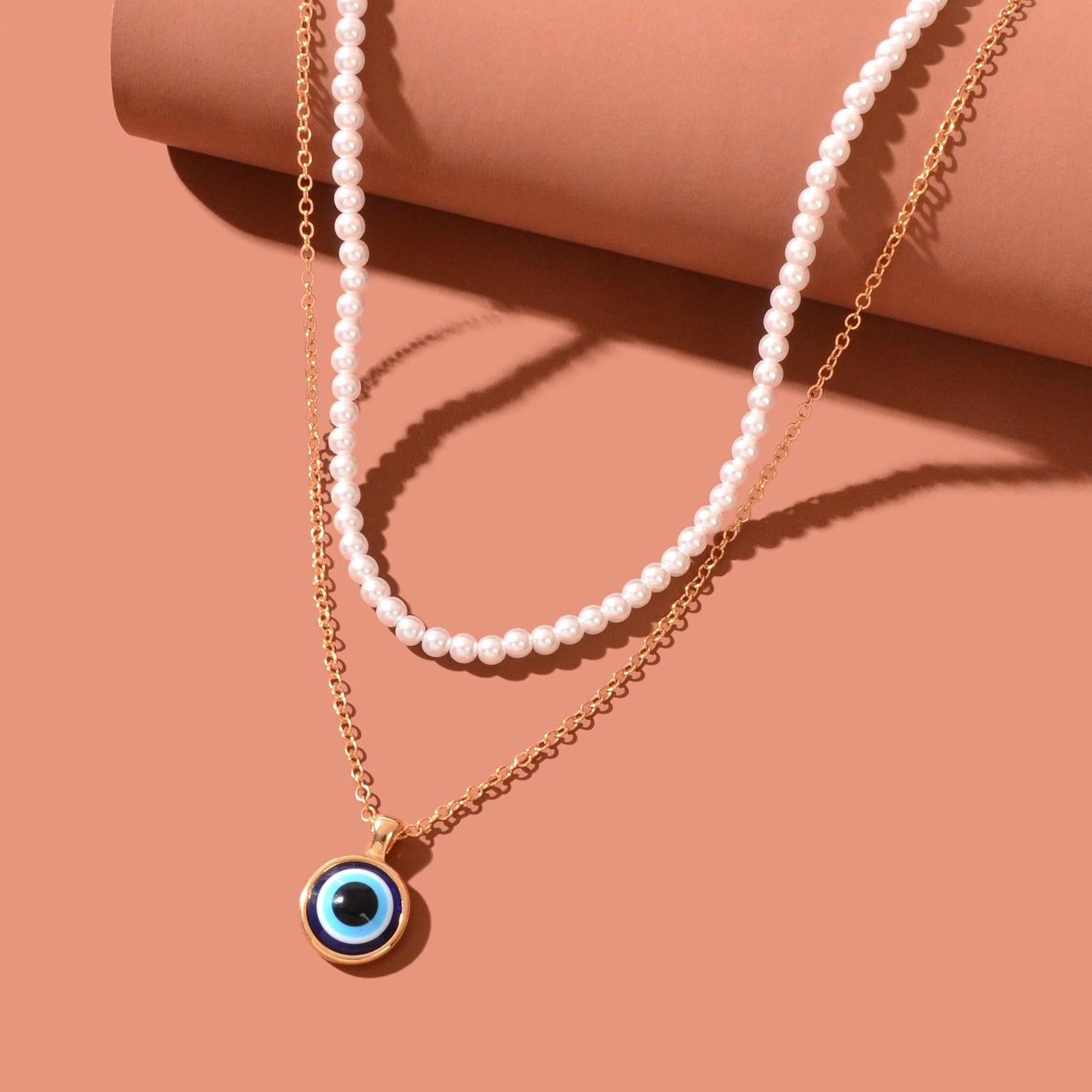 Stylish Golden Chain Layered Imitation Pearl Evil Eye Pendant Necklace Party Daily Jewelry