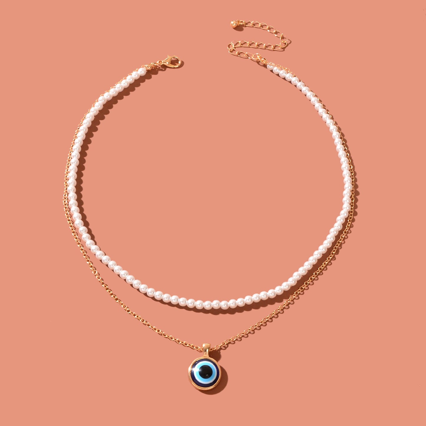 Stylish Golden Chain Layered Imitation Pearl Evil Eye Pendant Necklace Party Daily Jewelry