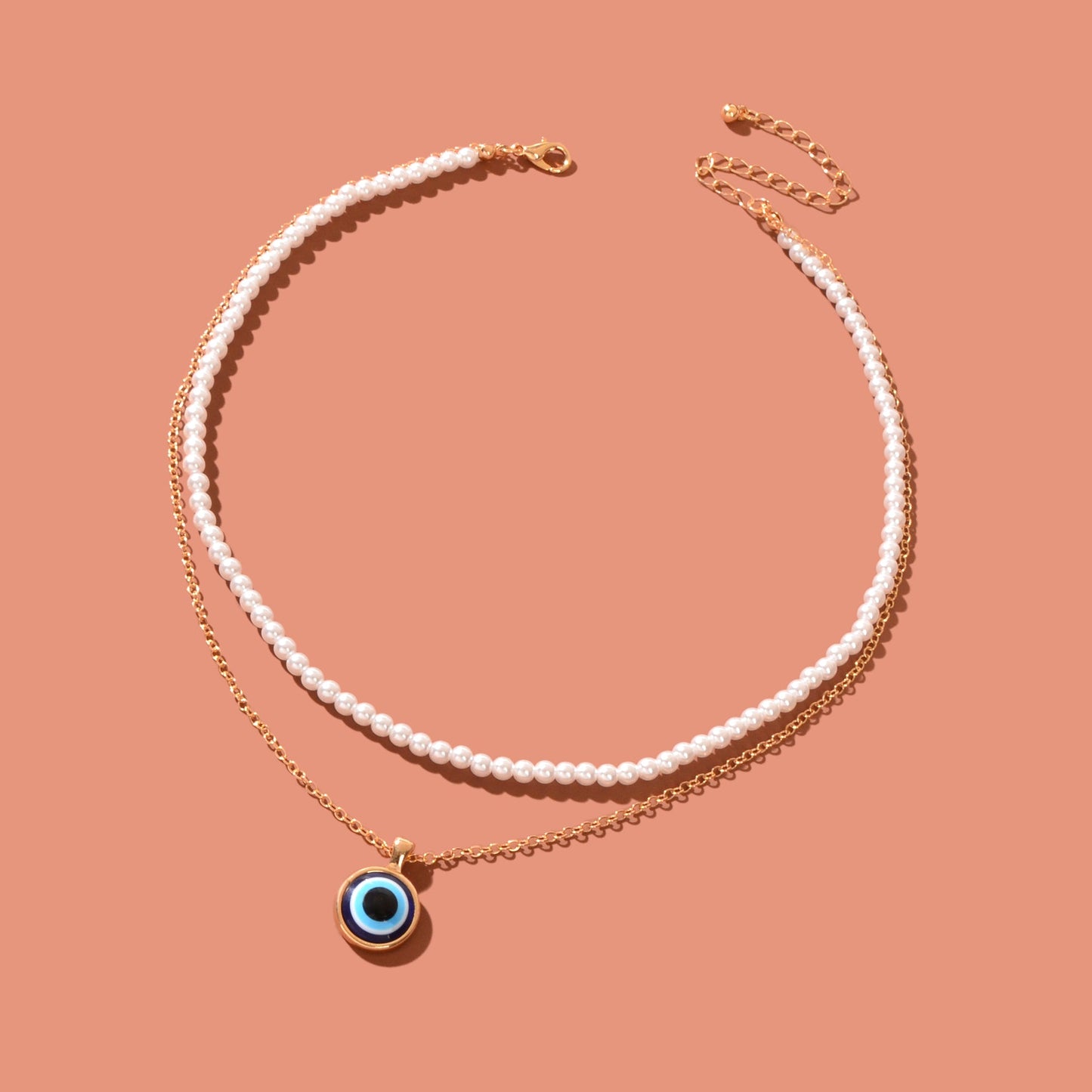 Stylish Golden Chain Layered Imitation Pearl Evil Eye Pendant Necklace Party Daily Jewelry