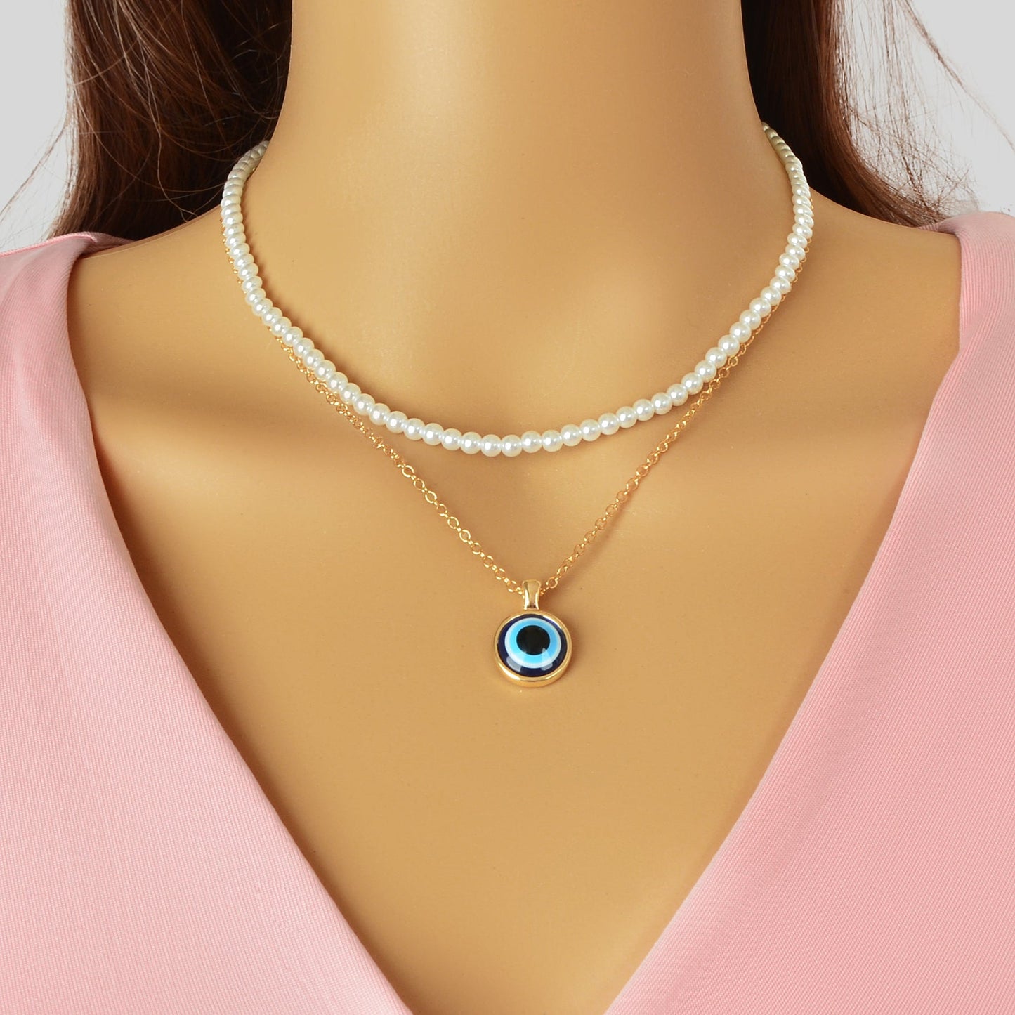Stylish Golden Chain Layered Imitation Pearl Evil Eye Pendant Necklace Party Daily Jewelry