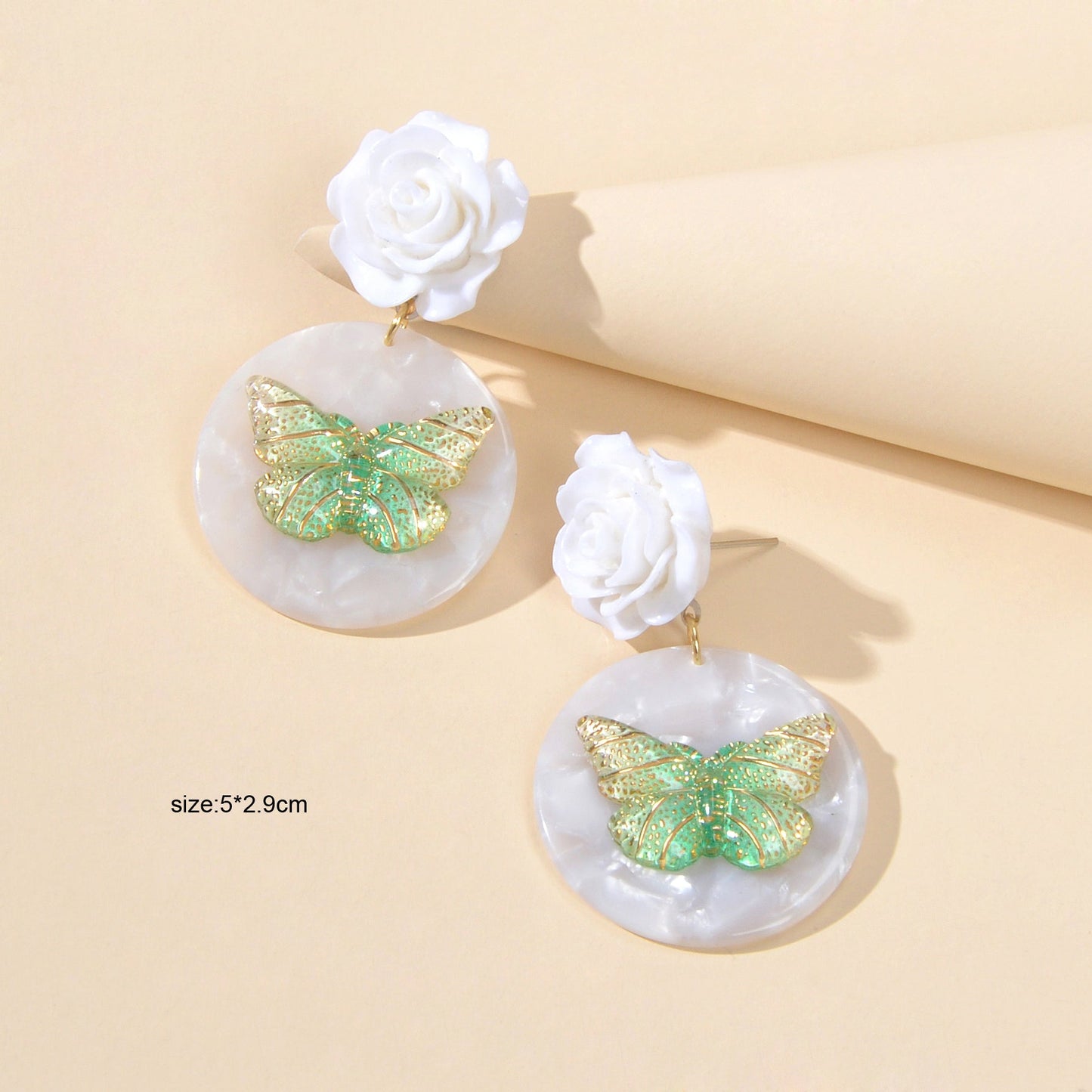 Designer Stylish Jewellery White Flower Green Butterfly Dangle Chunky Earrings